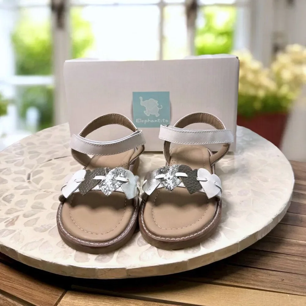 Elephantito Caro Cuore Leather Sandal Girls White Silver Hearts Size 10 EU 26